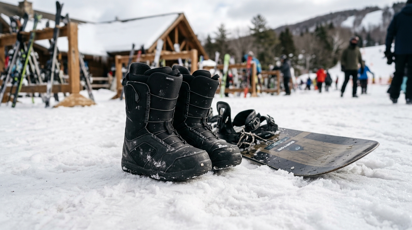 Snowboard boots resting in the snow next to a beginner snowboard.