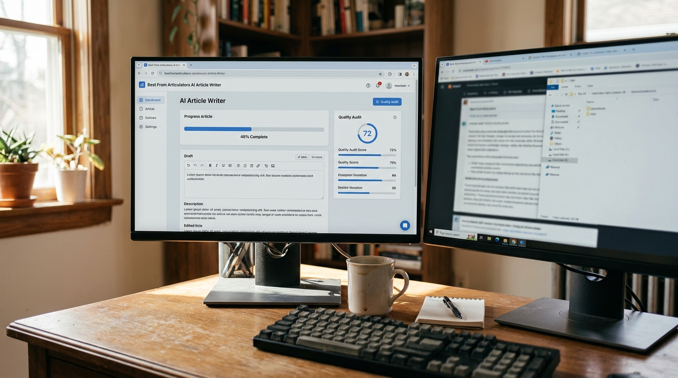 Dual-monitor workstation displaying the Best From Articulators AI Article Writer software interface with a live score of 72.