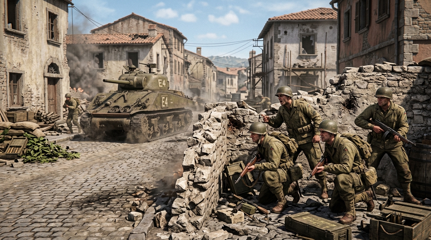 An infantry squad takes cover behind a ruined stone wall as a tank advances down an Italian street in Company of Heroes 3.