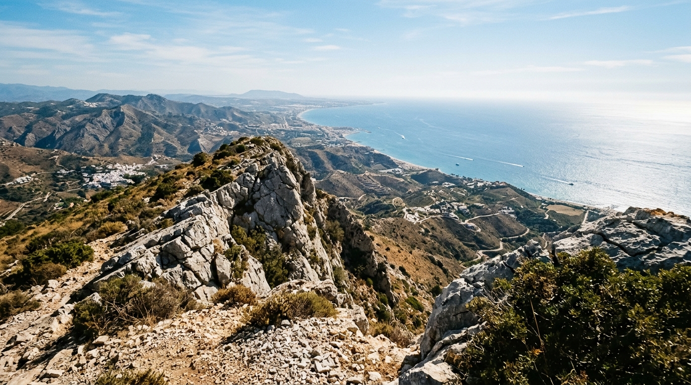 High-angle view from the rocky ridge of La Concha showing the coastline below and the Mediterranean Sea