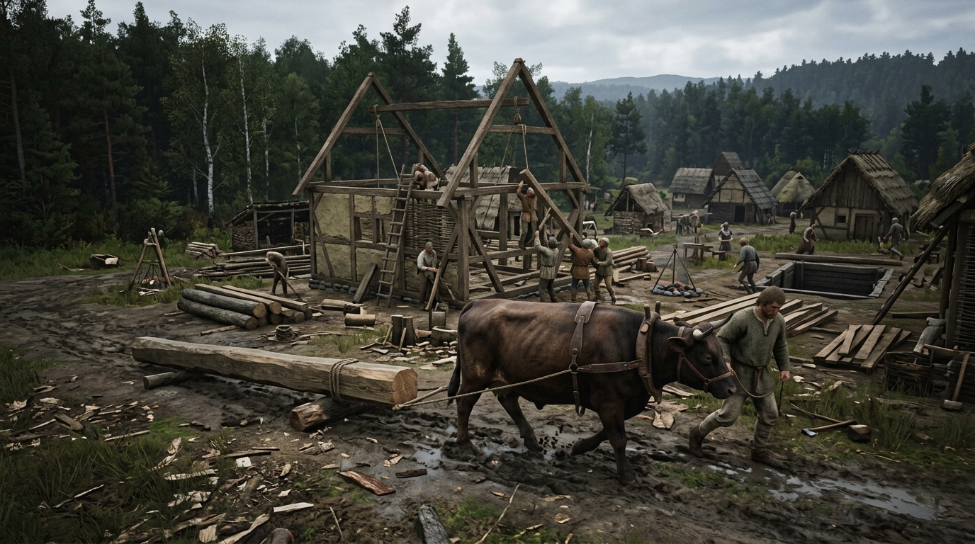 An ox pulls heavy timber toward a wooden house frame in the medieval city-building game Manor Lords.