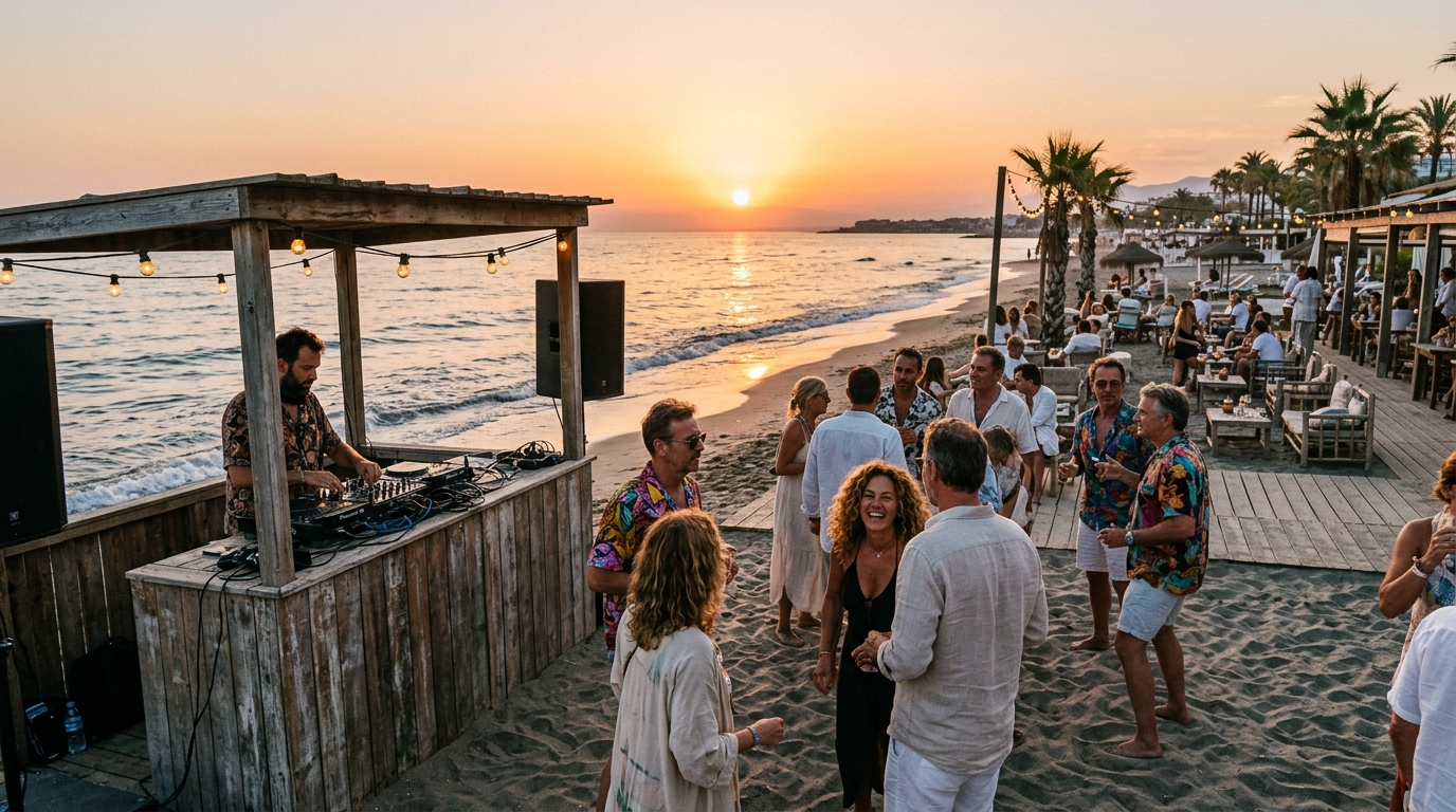 Sunset scene at La Plage Casanis with people standing on the sand near the outdoor DJ setup