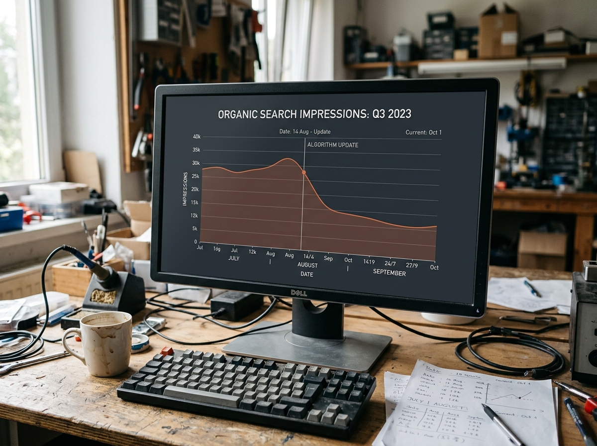 Analytical chart showing organic impressions dropping after an algorithmic update penalizing scraped generative content