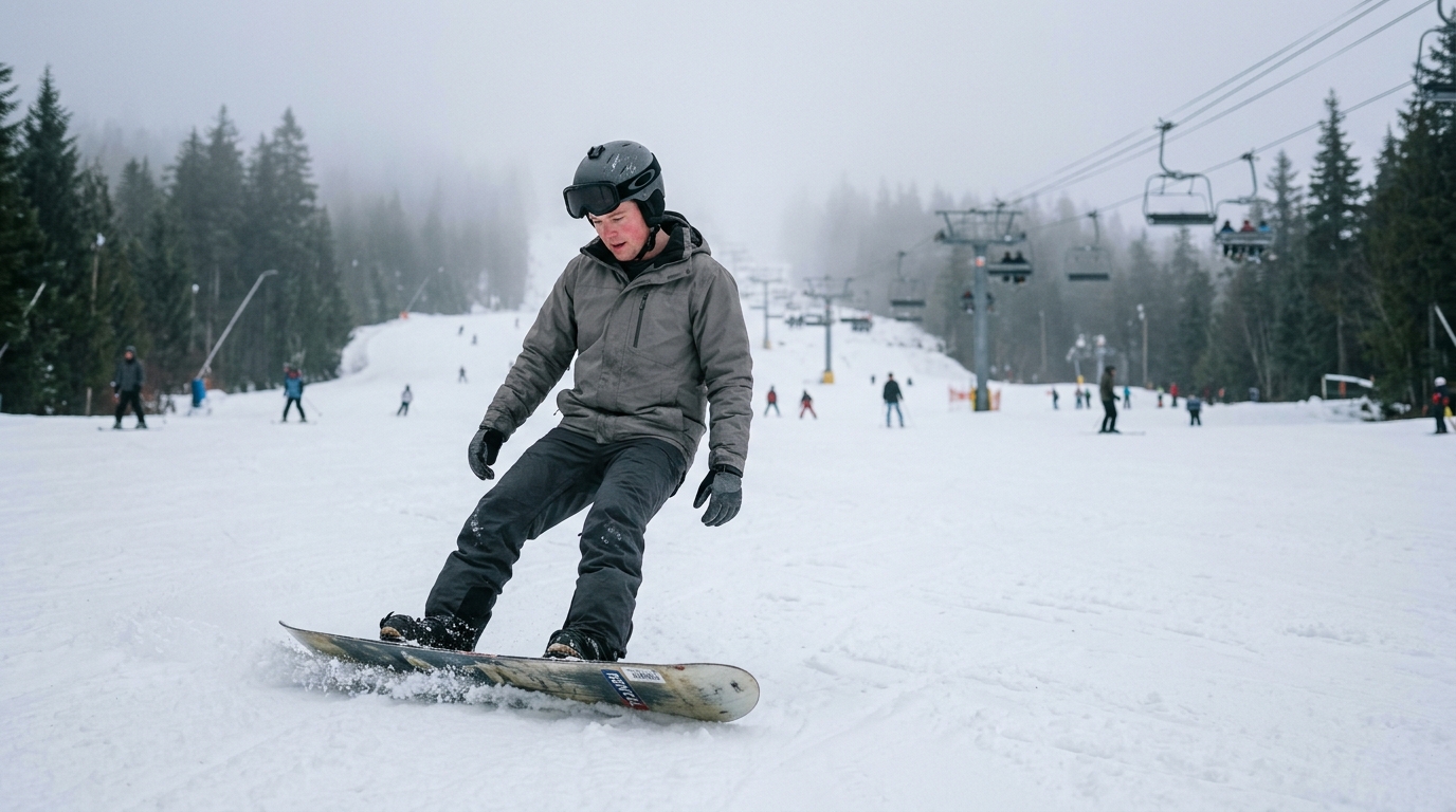 An adult learner practicing snowboarding on a snowy beginner slope on an overcast day.