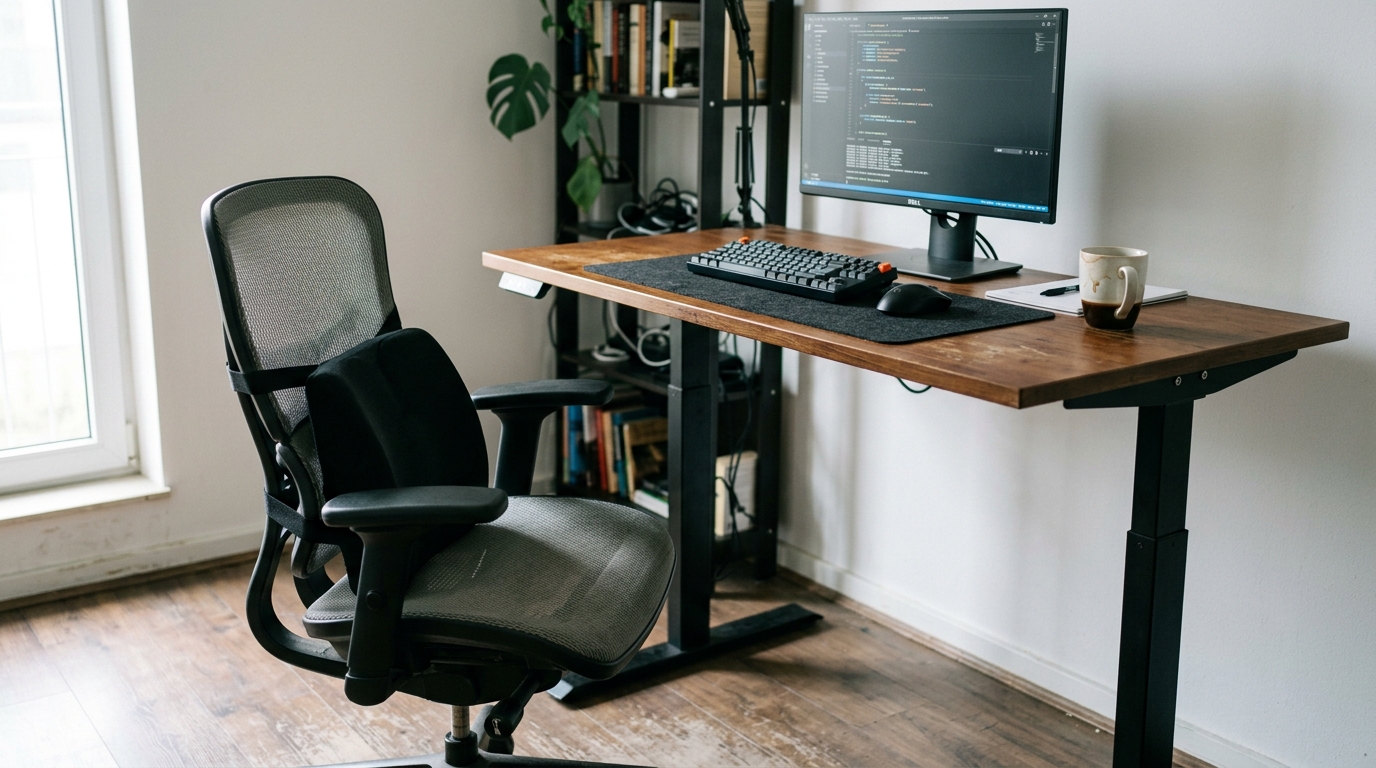 Ergonomic home office setup showing the adjustable standing desk at standing height alongside an unbranded mesh chair equipped with an extra lumbar cushion