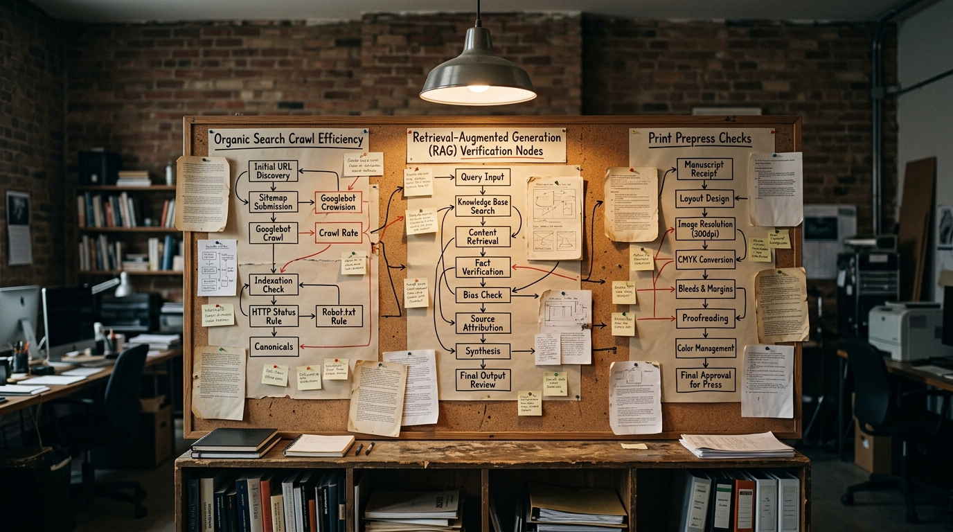 Architectural diagram comparing content evaluation layers across Search Algorithms, Retrieval-Augmented Generation engines, and Print editorial desks