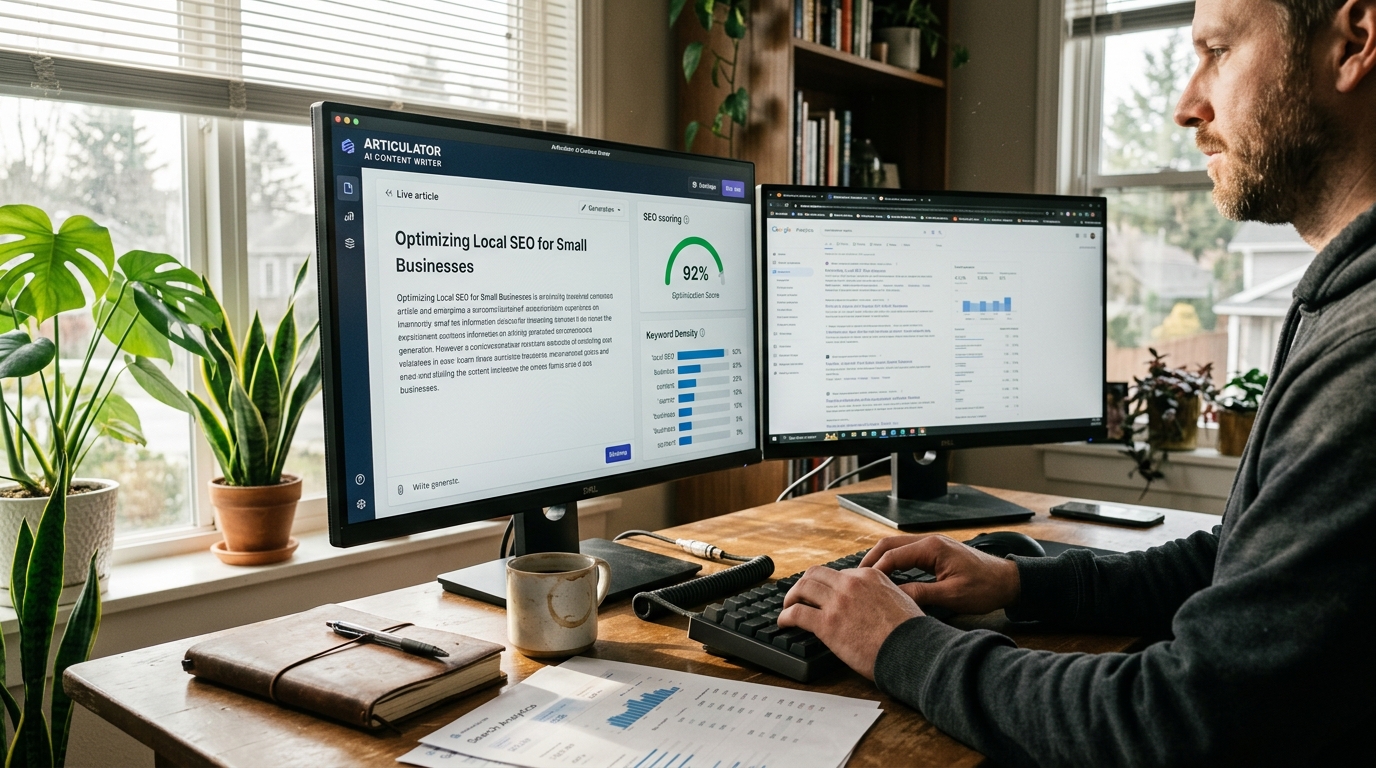 An Articulator AI Content Writer software interface displaying SEO metrics on a dual-monitor desk setup.