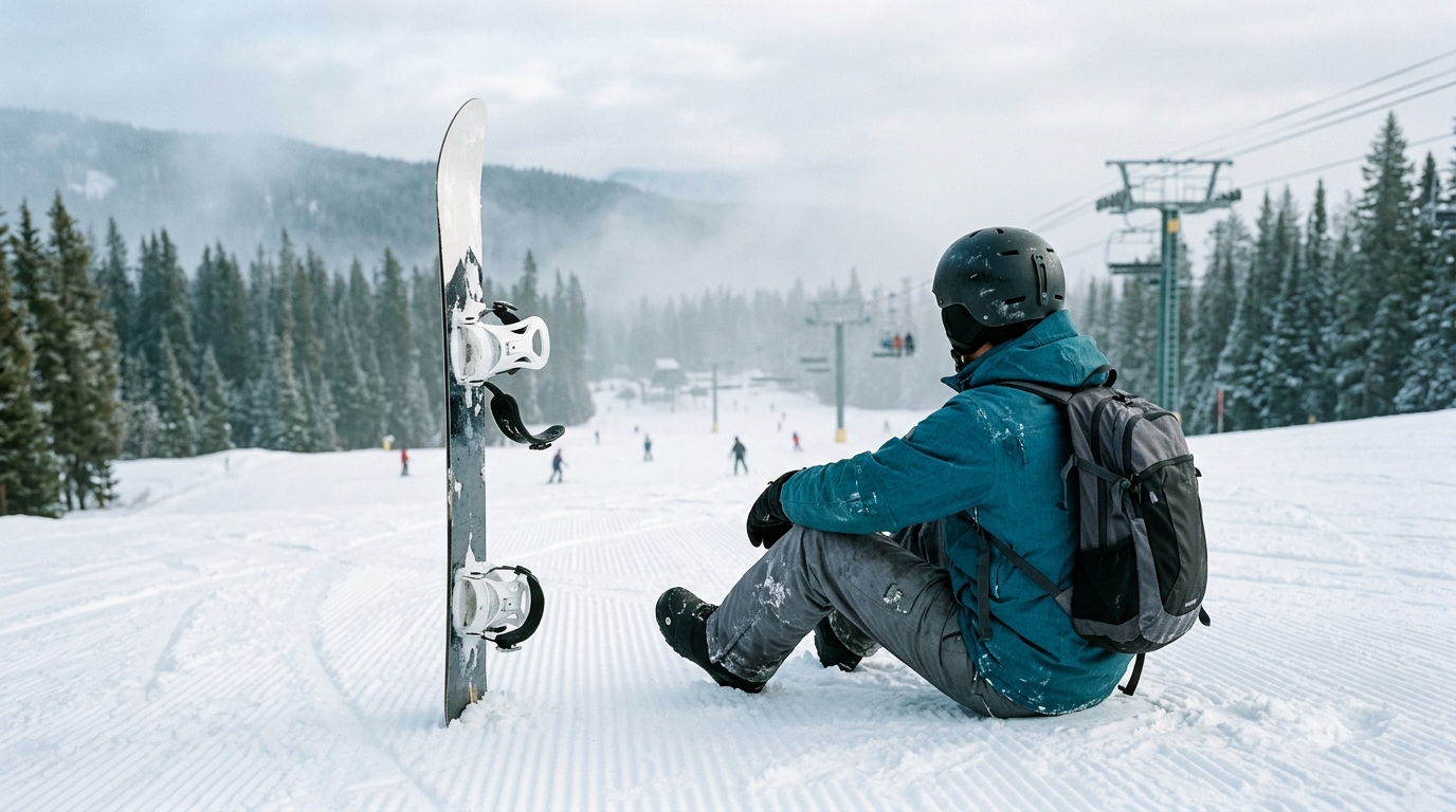 A thirty-year-old snowboarder in a helmet rests on the side of a groomed snow slope.
