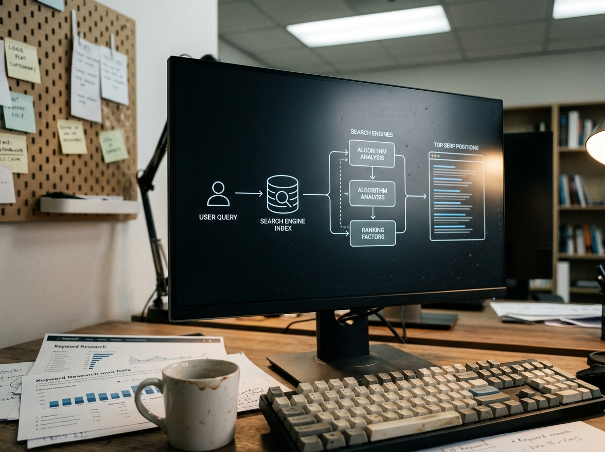 A monitor displays an AI Content Writer diagram tracing the path from a search query to SERP positions.