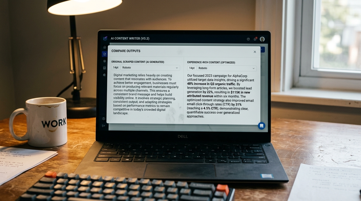 A laptop screen showing a side-by-side text comparison between scraped content and experience-driven writing with numbers.