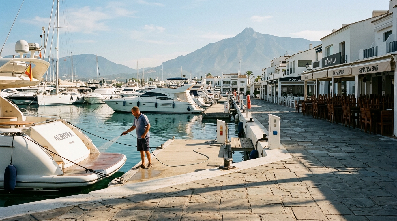 A sunny morning view of the marina in Puerto Banús showing docked yachts and quiet waterfront cafes.