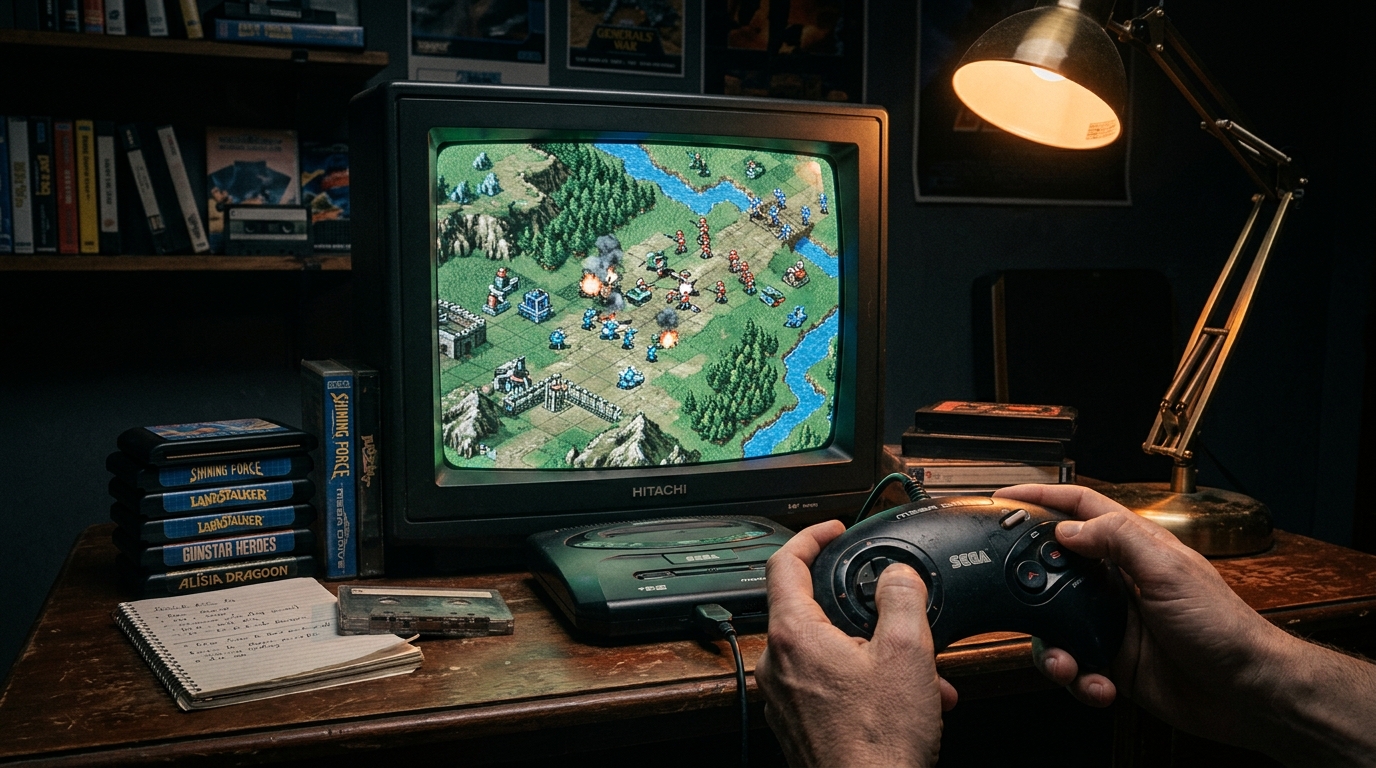 Top-down view of Best Strategy Games on a CRT monitor with a mechanical keyboard and mouse on a wood desk.