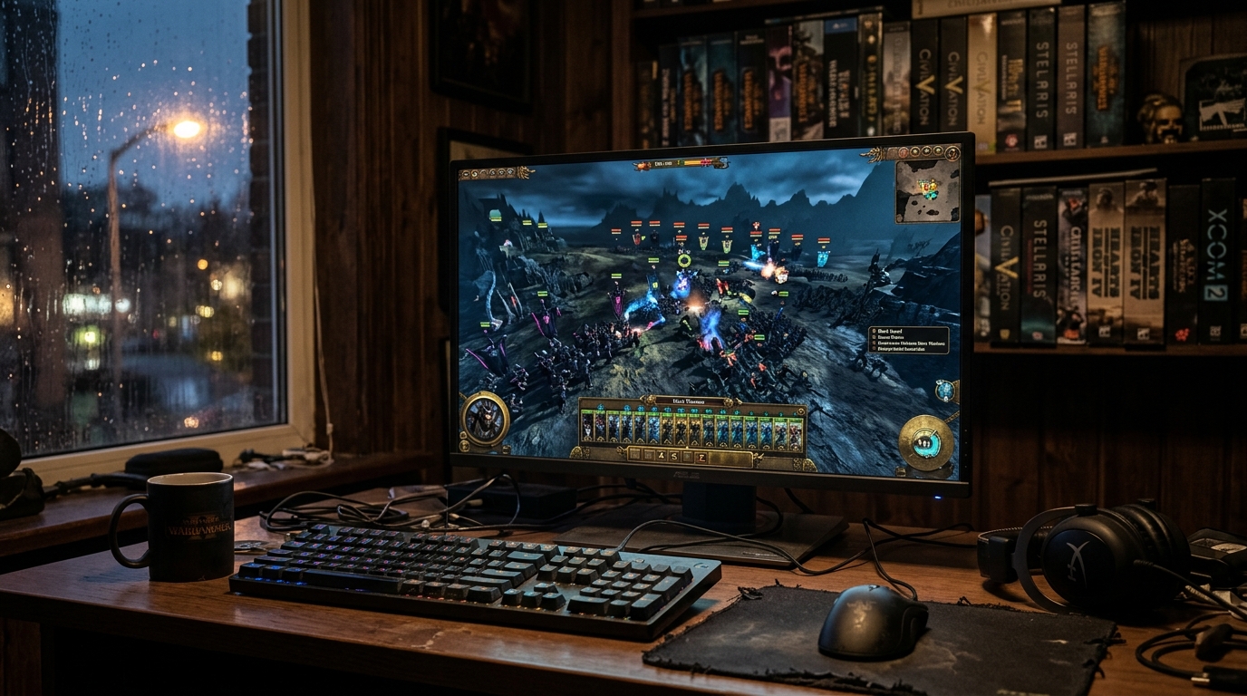 A dimly lit desk setup showing a PC monitor displaying a complex tactical battle from a strategy game.