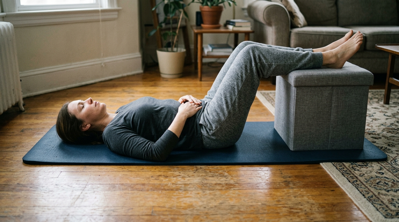 Demonstration of the acute flare-up 90-degree leg elevation position, showing the author lying flat on an exercise mat with calves resting on an ottoman stool
